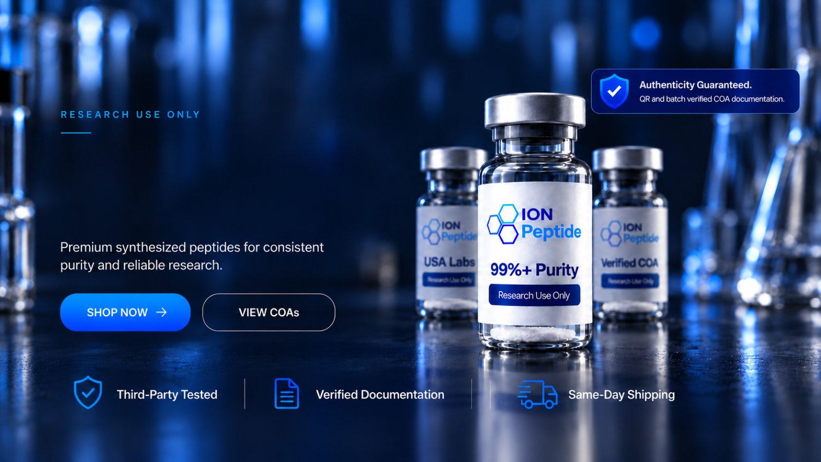 Ion Peptide research product vials in a laboratory setting